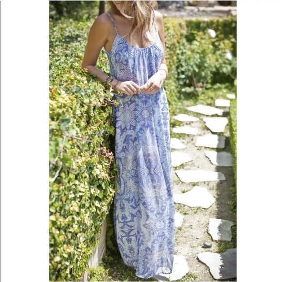 Show Me Your Mumu Blue Floral Purple Lined Sheer Trapeze Maxi Dress Women XS - Picture 2 of 12